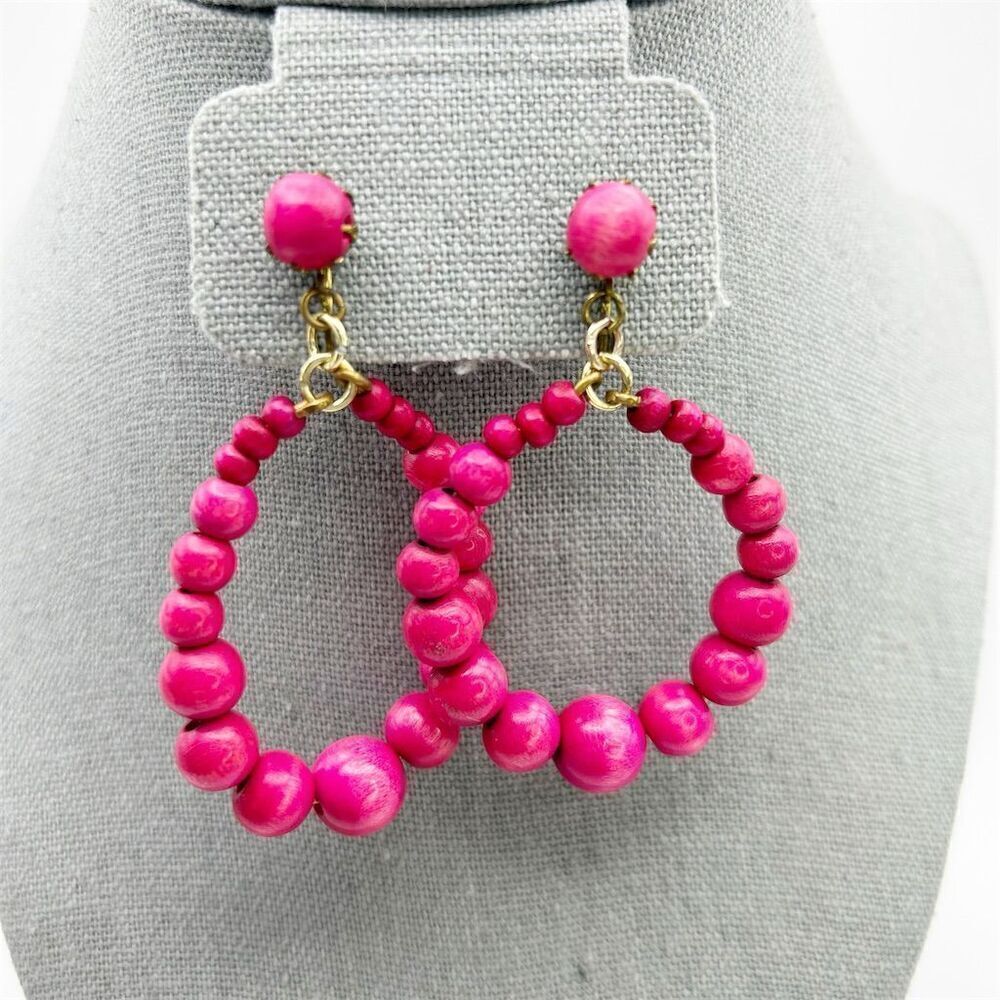 Vintage Western Germany Bright Pink Fuchsia Beaded Hoop Clip-On Earrings